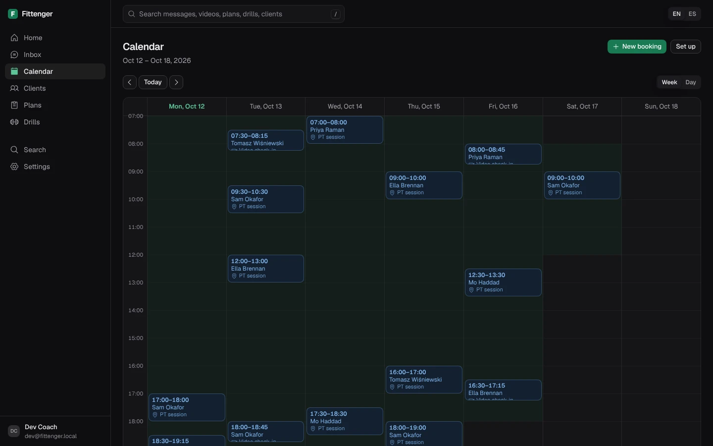 Calendar in week view with booked sessions shown as blocks. Some are in person (PT session) and some are WhatsApp video check-ins.